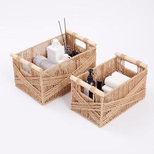 Woven Decorative Baskets Bohemian Style Set of 2 Picnic Basket with Wood Handles Rectangle Storage Baskets for Shelves Towel Bathroom