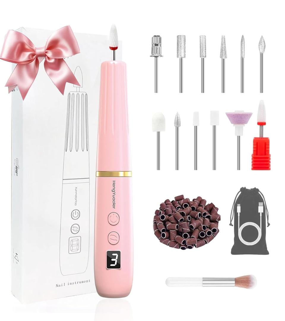 Electric Nail Drill Machine File Efile Set for Acrylic Gel Nails Portable Nail Drill Machine Kit Rechargeable Pedicure Tools for Hand Feet Manicure Pedicure Tools Polishing Set (Pink)