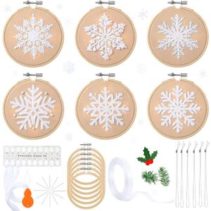 Roowest 6 Sets Winter Embroidery Kits for Beginners Adults Winter Snowflakes Cross Stitch Embroidery Ornament Kit DIY Craft Needlepoint Sets with Pattern Instructions Thread Needle Ribbon(Tan)