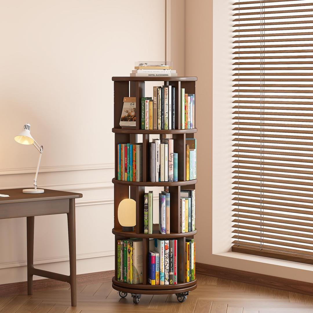 Saifu 4 Tier Wood Rotating Bookshelf on Wheels,Round Revolving Bookcase,360 Spinning Book Shelf Tower,Rolling Bookshelves for Small Space, Corner, Bedroom, Kids Room,Office, Walnut