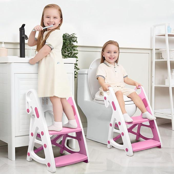 Primlect Potty Training Seat, 2-in-1 Toddler Toilet Seat with Step Stool, Ultra-Stable Potty Chair Attachment, Adjustable Seat and Step Ladder, Non-Slip Design, Splash Guard for Boys and Girls(Grey) 
