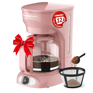 MUELLER HOME 12-Cup Pink Coffee Maker - Borosilicate Carafe, Auto-Off, Pink Kitchen Accessories, Reusable Filter, Anti-Drip, Appliances, Keep-Warm Function, Kitchen Décor