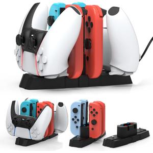 iPLYGAM Controller Charger Dock for Nintendo Switch Pro Controller/JoyCon, Controllers Charging Dock with LED Indicator and Charger Cable for PS5 Controllers, 6 in 1 Gamepad Charging Stand