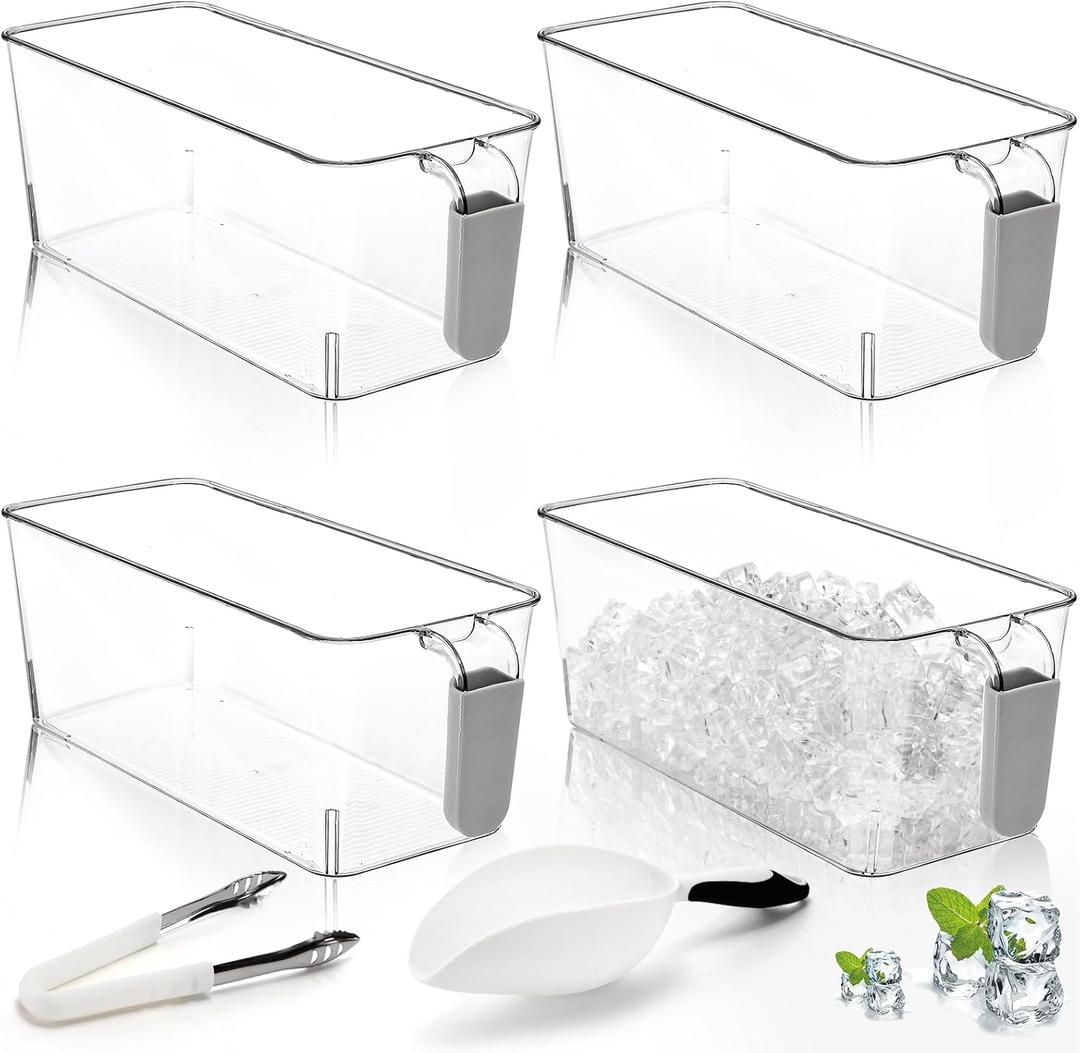 Pumtus 4 Pack Clear Ice Bins for Freezer, Plastic Ice Bucket with Flexible Scoop & Ice Tong, Pull Out Handle Ice Container, Kitchen Food Storage Organizer, Pantry Canister for Wine Beverage Fruit