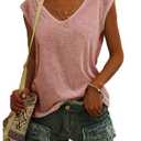 SOUWINEMYI Womens Cap Sleeve T Shirts V Neck Casual Tops Oversized T-Shirt Summer Trendy Lightweight Loose Fit Basic Tees (Pink, M)