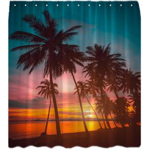 Sunset Beach Shower Curtain Ocean Teal Orange Sky Tropical Palm Tree Hawaiian Coastal Seascape Sea Waves Seaside Nature Scenery Bath Curtain with Hooks (70"W x 70"L (Pack of 1))