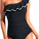 Tempt Me Women One Piece Swimsuits Tummy Control One Shoulder Bathing Suits Ruffle Swimwear (X-Large, Black White New)