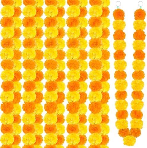 Fovths 5 Pieces 5 Feet Long Marigold Garland Bulk Light Orange and Golden Yellow Indian American Wedding Party Mantel Decoration Long Strands Artificial Dia De Los Muertos Decor for Pooja, Diwali