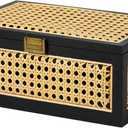 Rattan Storage Boxes Decorative Handmade Natural Wood Baskets with Lid Wooden Frame Boho Rustic Wicker Box Stacking Woven Cane Bins Shelf Closet Desk Organizer Container (Black, Large)