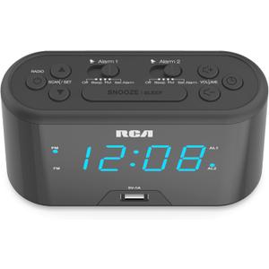 RCA RC571 Digital Alarm Clock Radio with Large Numbers and USB Charging, LED Display, Brightness Display, FM Radio with Presets, Dual Wake, Sleep Timer and Snooze Functions, Black