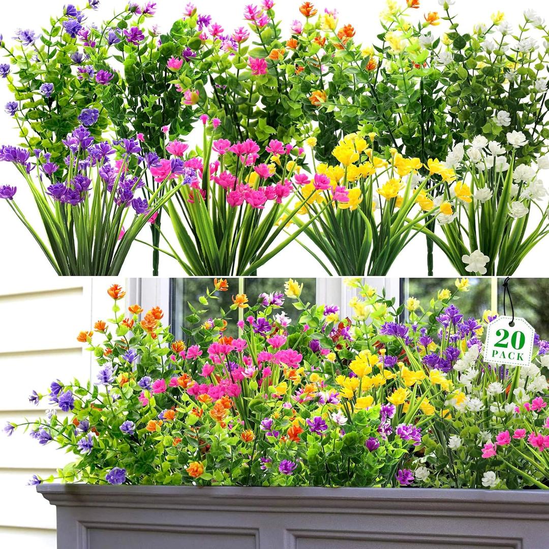 20 Bundles Artificial Fake Flowers for Outdoor Spring Decorations, Faux Plants Flowers UV Resistant for Garden Home Wedding Farmhouse Decor (Multi Color)