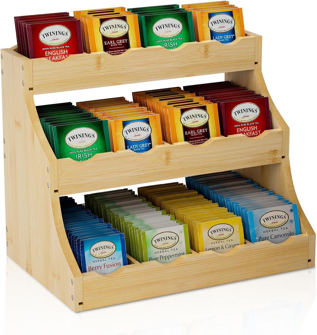 Bamboo Tea Bag Organizer, 3-Tier Tea Bag Holder Stores Over 240 Tea Bags, Tea Station for Coffee Capsules, Creamer, Sweetener, Sugar - Removable Divider (Self-assembly)