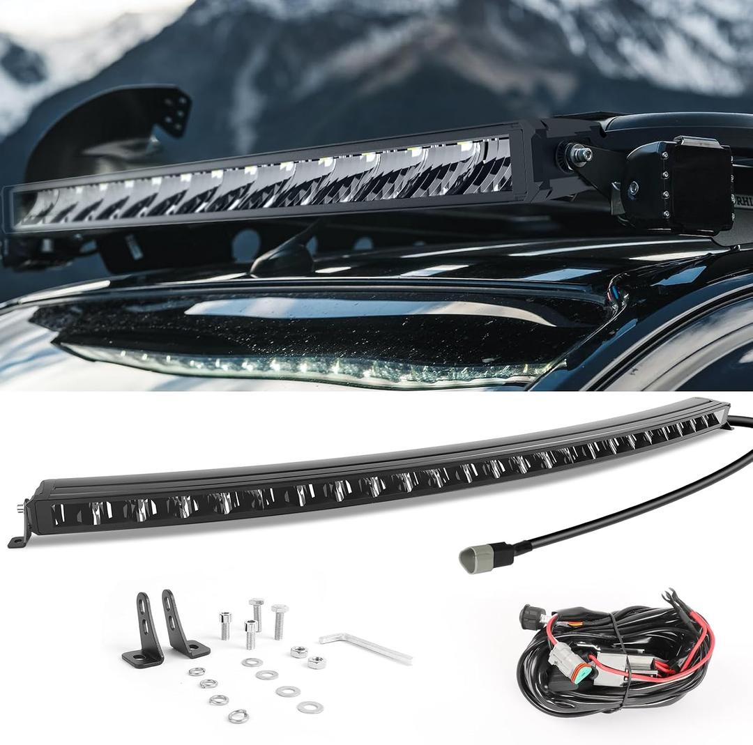 CO LIGHT 50 Inch Curved Single Row LED Light Bar - 240W 70000 Lumens 6000K White Yellow Ambient Light Wiring Harness - Ideal for 12V Truck Off-Road Vehicles ATV and Marine