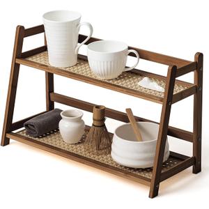 1 Pcs 2 Tier Matcha Station Shelf Bamboo Coffee Mug Stand Countertop Storage Rack, Double Layer Rattan Office Cup, Kitchen, Tea, Plant, Bar Accessories Condiment Display(Brown,17.7 Inch)
