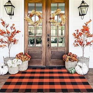 Orange and Black Plaid Rug, 3' x 5' Fall Outdoor Front Door Decor Mat, Cotton Washable Hand-Woven Rug for Layered Doormat, Autumn Halloween Thanksgiving Carpet for Porch, Entryway