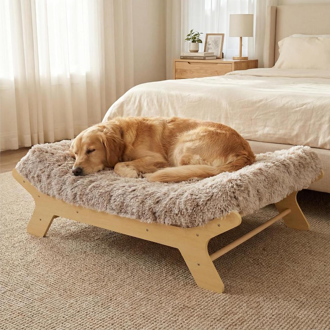 Muihood Elevated Wood Dog Bed Frame with Foam Mattress, WoodPattern, XL