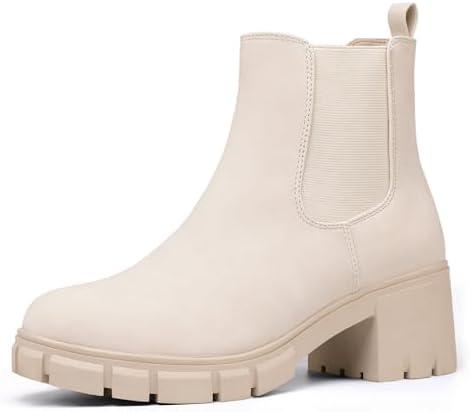 IDIFU IN2 Chelsea Boots Women Ankle Boots for Women Platform Low Chunky Block Heel Lug Sole Round Toe Fall Dress Boots for Women Comfortable Fashion Booties Cute Office Elastic Short Heeled Boots, Size 8