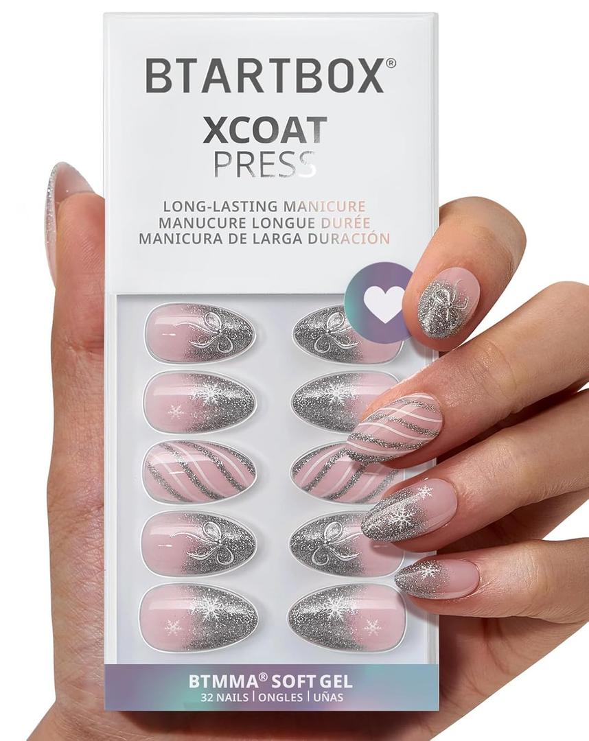 BTArtbox French Tip Press On Nails - Sparkle Bow, Lamp-Curable Short Almond Press On Nails with Glue and Adhesive Tabs for Women in 16 Sizes - 32 Soft Gel Glue On Nails Kit
