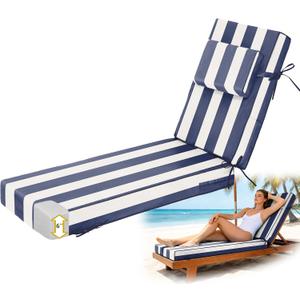Chaise Lounge Cushions Outdoor 72x21x6 Inch, Fade Resistant 6'' Thicken Outdoor Lounge Chair Cushion with Headrest, Water-Resistant Patio Lounger Pad with Straps, Blue White Striped