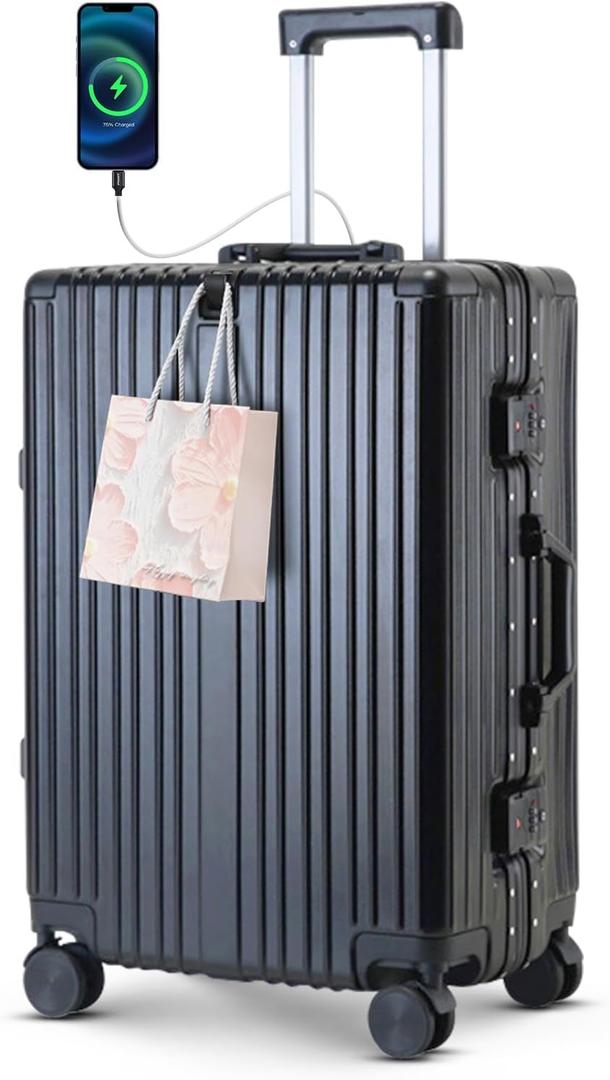 22 inch carry on luggage Durable Suitcase with Cup Phone Holder USB Port Aluminium Frame Carry on Luggage with 8 Double Spinner Wheels TSA Lock Suitcase with Cup Holder Carry On Luggage with USB Port