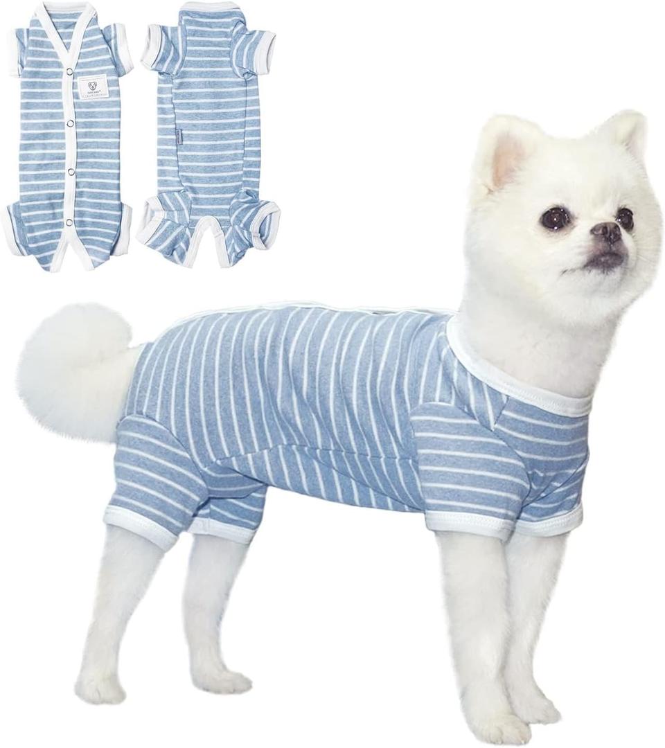 TONY HOBY Female/Male Pet Dog Pajamas Stripes 4 Legged Dog pjs Jumpsuit Soft Cotton Dogs Clothes (M, Blue+White-Girls)