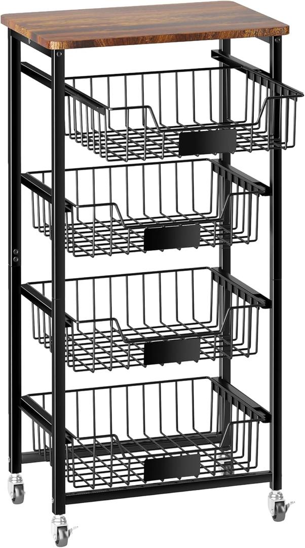 Fruit Basket, 5-Tier Utility Kitchen Organizer and Storage Cart with Pull-Out Baskets and Wood Top, Rolling Pantry Kitchen Cart on Wheels for Fruit Potato Onion Vegetable Snack Produce (Black)