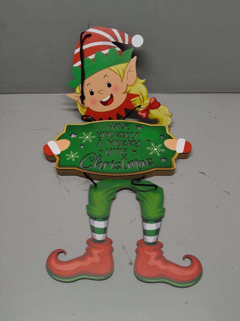 Elf Girl Hanging Sign with Lights - Christmas Decorations Hanging Sign - Wooden Door Sign with Light - Merry Christmas Wall Decor Indoor/Outdoor Xmas Decor Ornament for Home, Classroom, Office