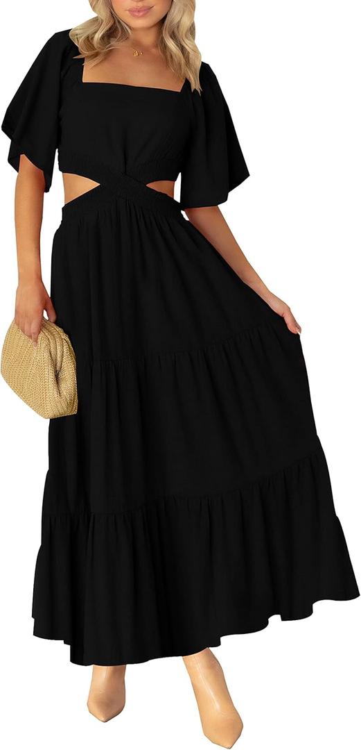 LEANI Women's 2025 Summer Cutout Maxi Dress Square Neck Short Sleeve Crossover Waist Casual Party Dresses, XL