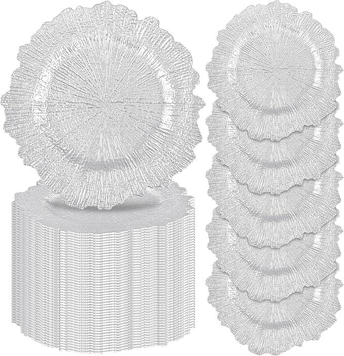fani 50 Pcs Silver Charger Plates Bulk, 13 Inch Reef Wedding Chargers for Dinner Plate, Round Plastic Reusable Ruffled Rim Decorative for Table Setting, Parties, Wedding, Events