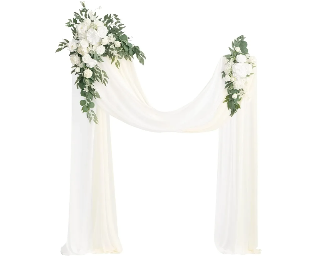 Ling's moment Artificial Wedding Arch Flowers Kit Pack of 4, 2pcs Hanging Silk Flowers Arrangement 2pcs Chiffon Drapes Ceremony Spring Fake Rose Arbor Backdrop White Sage Floral Party Outdoor Decor