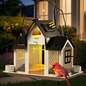 Solar Bird Feeders House for Outdoors Hanging, 7LBS Large Capacity Metal Wild Bird Feeder Squirrel Proof for Outside with Water Cup, Cardinal Birdfeeder Birdhouses Gift for Bird Lovers (White)