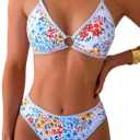 Fanuerg Women's Triangle Bikini Sets O Ring Linked Two Piece Swimsuits Floral Printed Cheeky Bathing Suit (Medium, Blue Red Floral)