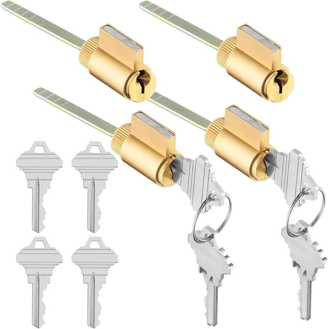 JaGely 4 Pcs Lock Cylinder 1.25 Inch Lock Replacement Parts Brass Door Cylinder with Hardened Break Away Tailpiece Brass Key with 8 Different Keys