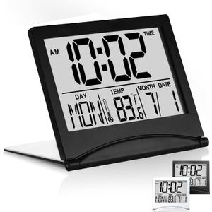 Betus Digital Travel Alarm Clock Foldable Calendar, Temperature & Timer with Snooze Large Number Display, Battery Operated Compact Desk Clock for Home & Office (Black)