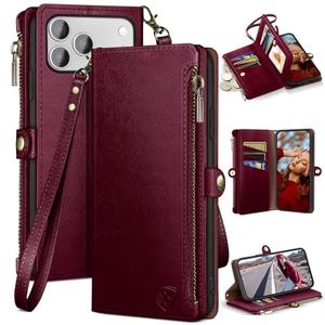 XcaseBar compatible with iPhone 17 Pro 6.3" Wallet case with Zipper Credit Card Holder【RFID Blocking】,Flip Folio Book PU Leather Phone case Shockproof Cover Women Men for Apple 17 Pro case Wine Red