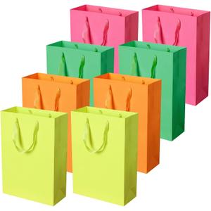 Pikalon 8 pcs Neon Gift Bags with Handles, Large 9.84"x4.33"x14.17" Bright Color Gift Wrap Paper Bag Party Favor Bag Boutique Retail Bags for Wedding Birthday Baby Shower Wedding Welcome Party Supplies (Pink+Yellow+Orange+Green, 9.84x4.33x14.17 Inches)