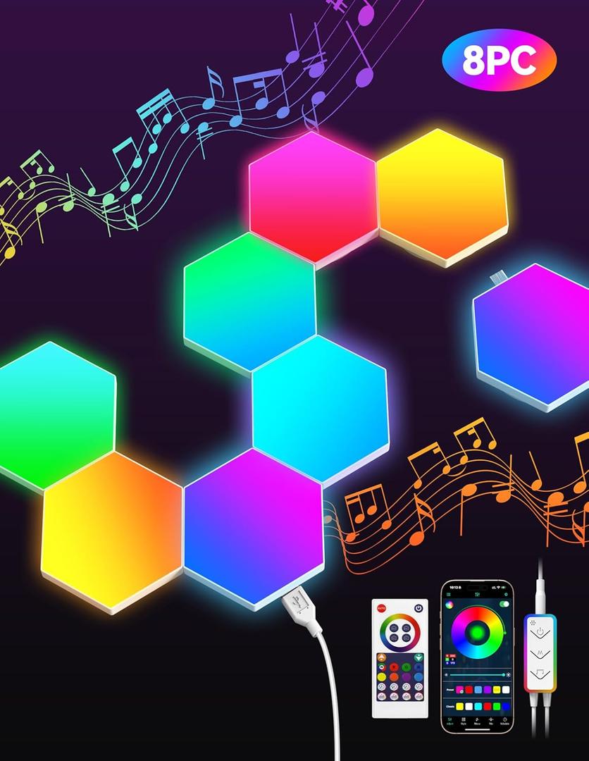 TECKNET Hexagon Light Panel - 8 Pack Smart APP RGB Hexagon LED Lights Wall Lights with Remote Control & Music Sync for Halloween Decor, Gaming Decor