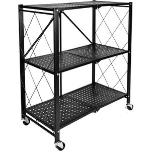 HealSmart 3-Tier Foldable Metal Rack, 27.95" D x 13.39" W x 33.85" H Storage Shelving Unit with Wheels Moving Organizer Shelves for Garage Kitchen, Black