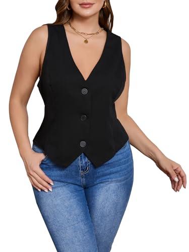 SOLY HUX Women's Plus Size Button Up Suit Vest Blazer V Neck Sleeveless Waistcoat Plain Black 0XL
