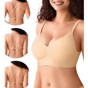 DEANGELMON Seamless Low Back Bra Wireless Backless Bra Womens Thin Straps Halter Bra Low Cut V Neck Multiway Convertible Bras (L)