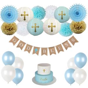 CHRORINE Baptism Decorations for Boys, First Communion Confirmation Decorations, God Bless Banner and Blue Party Decorations - Blue Set