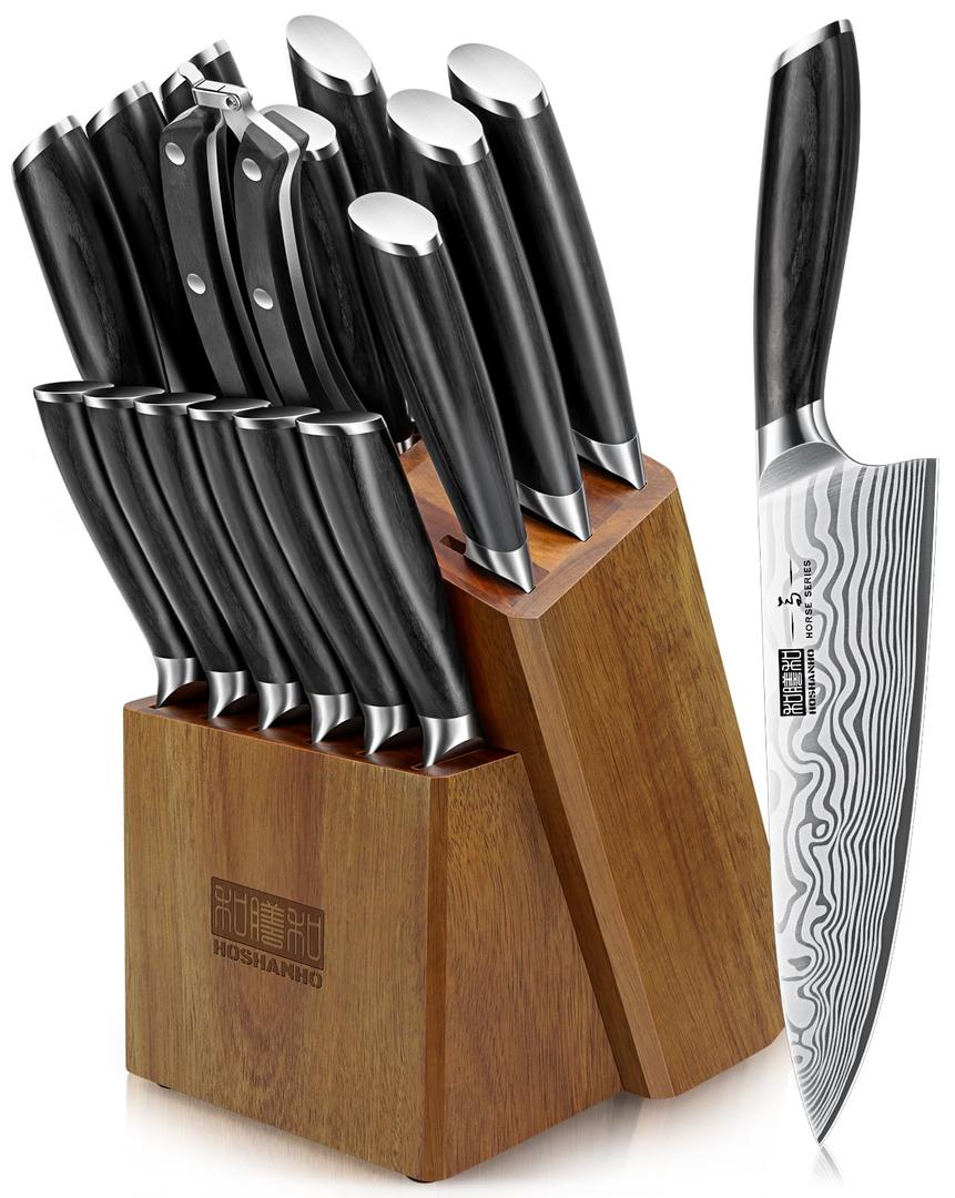 HOSHANHO 16-Piece Knife Set with Block, Ultra Sharp High Carbon Powder Steel Knife Block Set, Chef Knife Set Professional Kitchen Knives Set with Sharpener and Pakkawood Handle