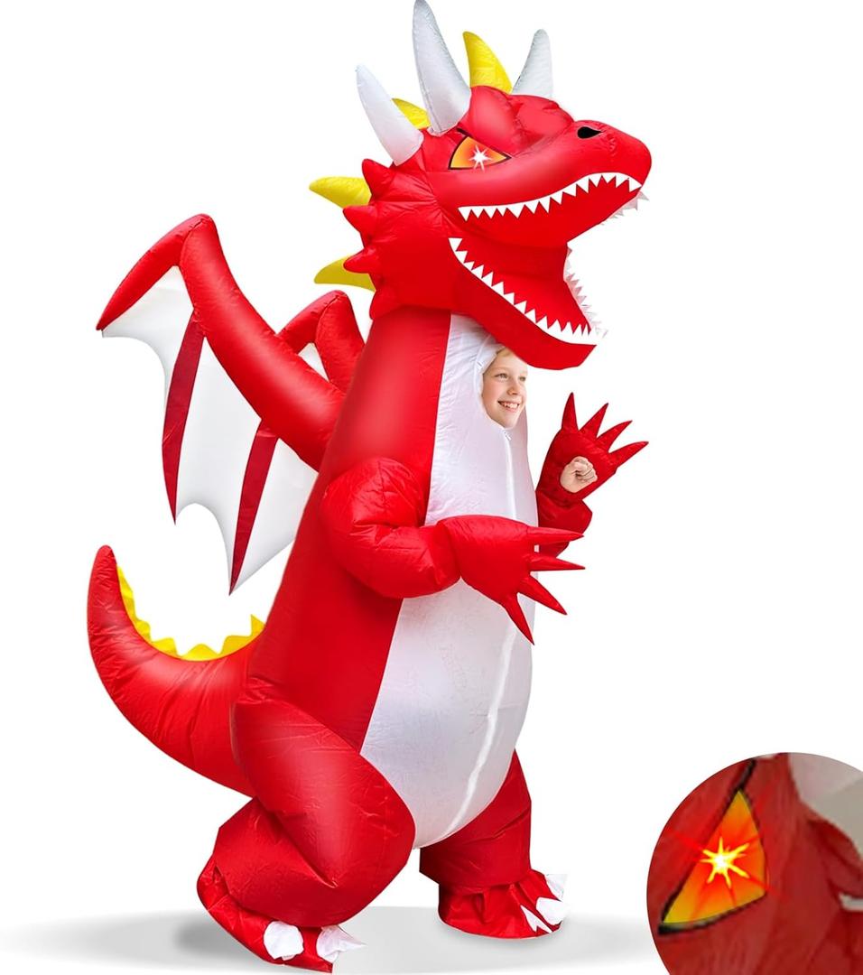 Halloween Red Dragon Inflatable Costume for Kids, Blow Up Full Body Costume Inflatable with 2 LED Red Eyes and Visible Face for Halloween Cosplay Party