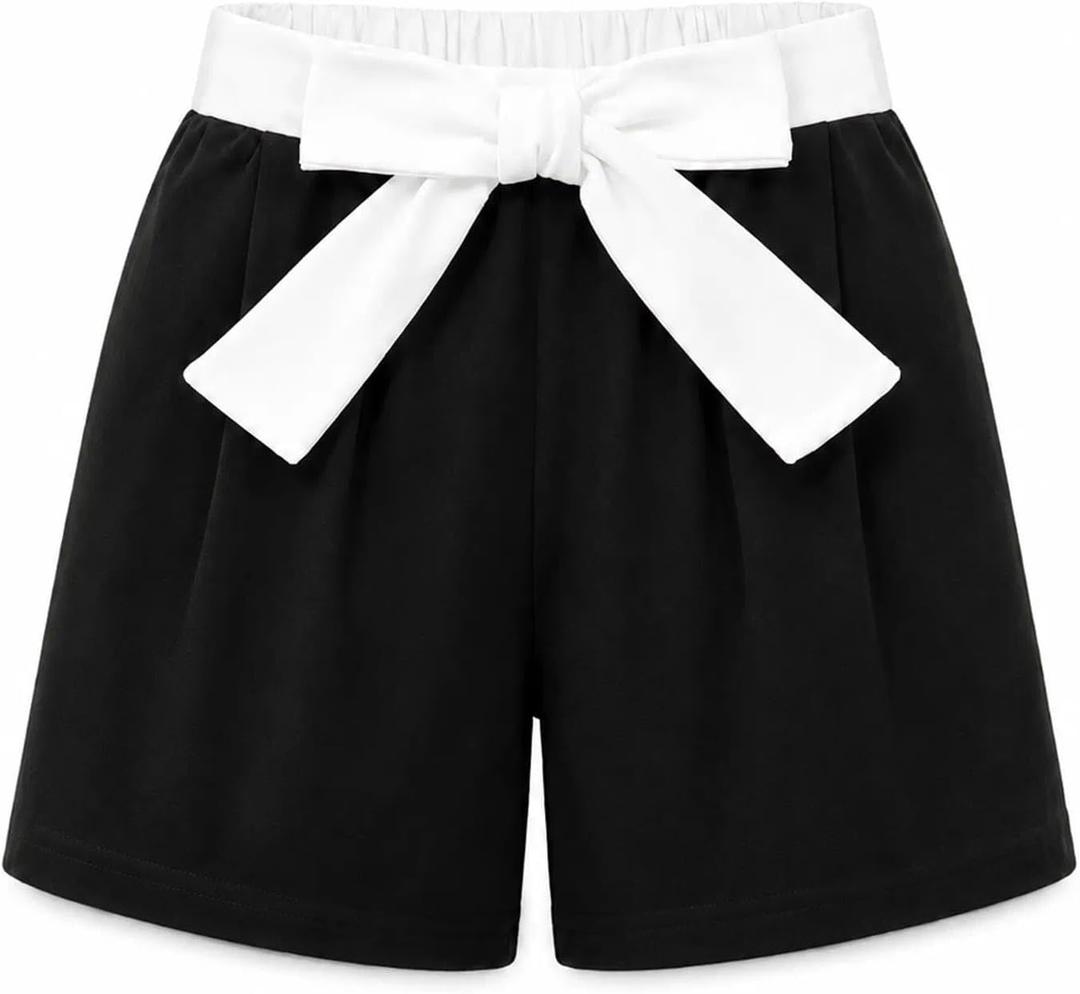 Girls Paper Bag Waist Shorts Casual Summer High Waisted Shorts with Bow Belt Black 9-10 Years (Black)