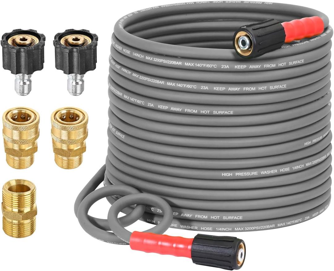 YAMATIC Upgraded Flexible Pressure Washer Hose 50FT 1/4", 3200 PSI Non-Kink Replacement with M22-14mm & 3/8" Quick Connect Adapters, Extension for Gas Power Washer Troy-Bilt Ryobi Honda Craftsman (Gray)
