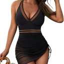 Blooming Jelly Women One Piece Swim Dress Tummy Control Swimsuits Slimming Mesh Sheer Sarong Wraps Bathing Suit (Black, XL)