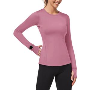 Loovoo Thermal Shirts for Women Long Sleeve Workout Tops Crewneck Fleece Base Layer Running Athletic Tee with Zipper Pocket (Small, 1-grey Pink)