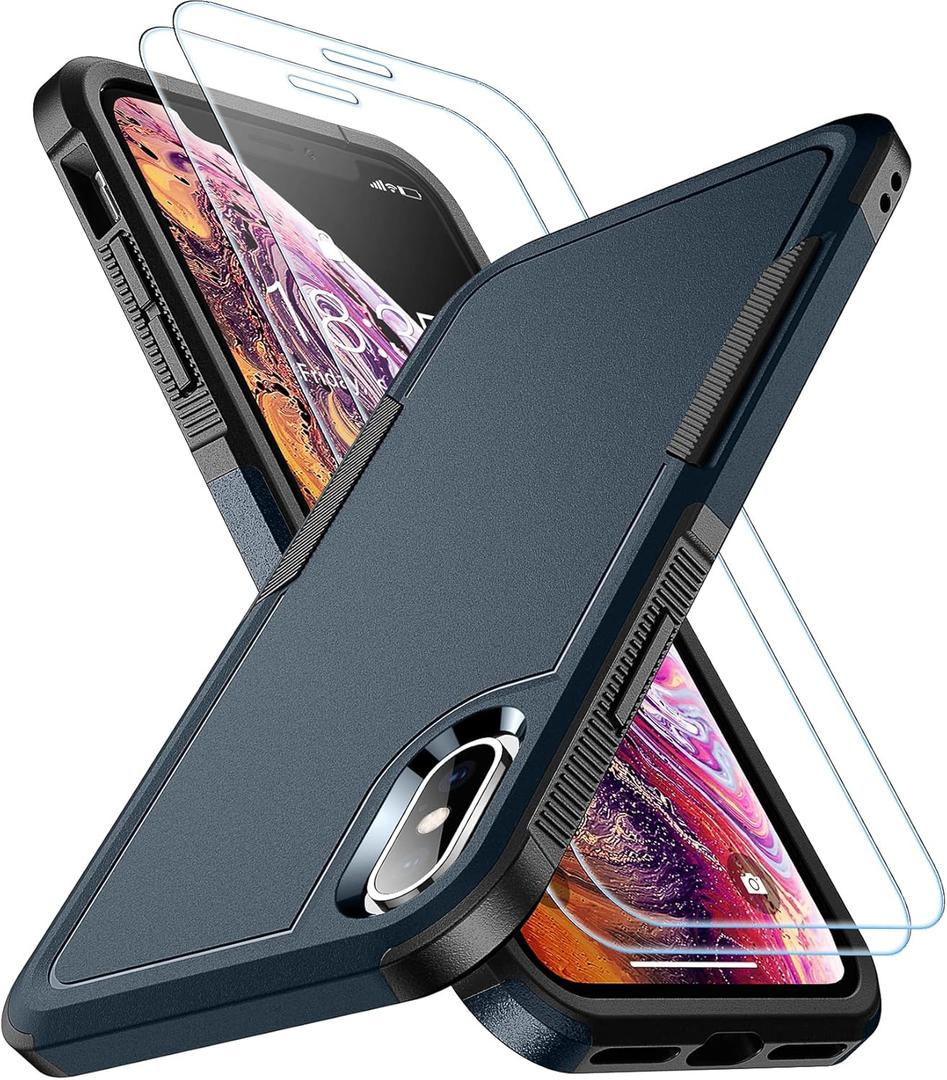 SPIDERCASE for iPhone Xs Max Case, [10 FT Military Grade Drop Protection] [2 pcs Tempered Glass Screen Protector] Shockproof Airbag Cushion Protective Case for iPhone Xs Max 6.5 (Dark Blue)