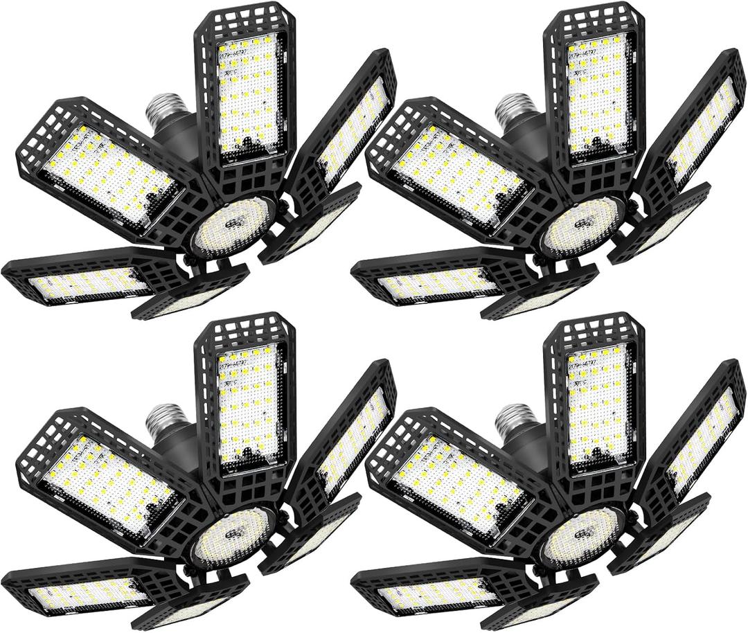 4 Pack Garage Lights, 28000LM Super Bright LED Shop Lights with 6+1 Deformable Panels, 6500K Garage Light Ceiling Led, E26 Socket Screw in Bulb for Warehouse, Workshop, Basement, Attic