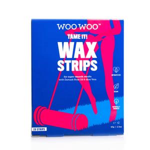 WooWoo Tame It! Bikini Wax Strips - Vegan Ready-to-Use Hair Removal Kit with Damask Rose Oil & Aloe Vera | Up to 28 Days Smooth Skin, Gentle on Sensitive Areas | 20 Wax Strips + Aftercare Cream